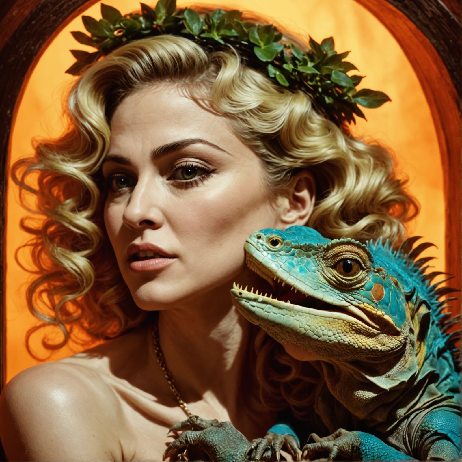 Madonna and Iguana in Sauna: Pin-Up Watercolor Portrait