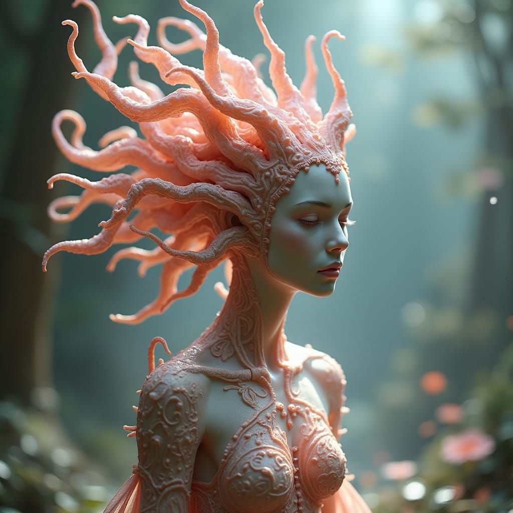 Ceramic and Rose Quartz Golem Queen in Ethereal Landscape