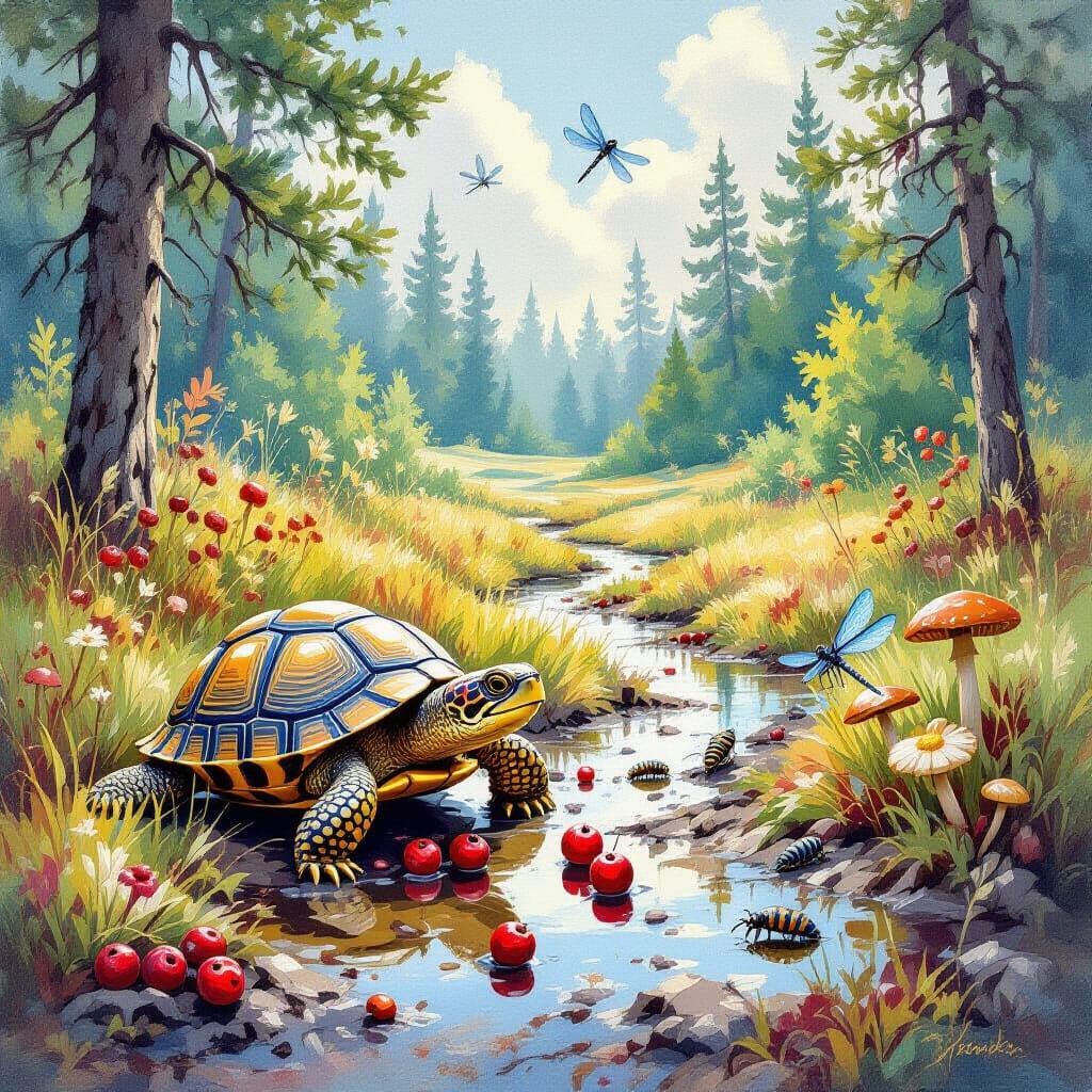 Box Turtle in Grassy Meadow, Gouache Impressionist Style