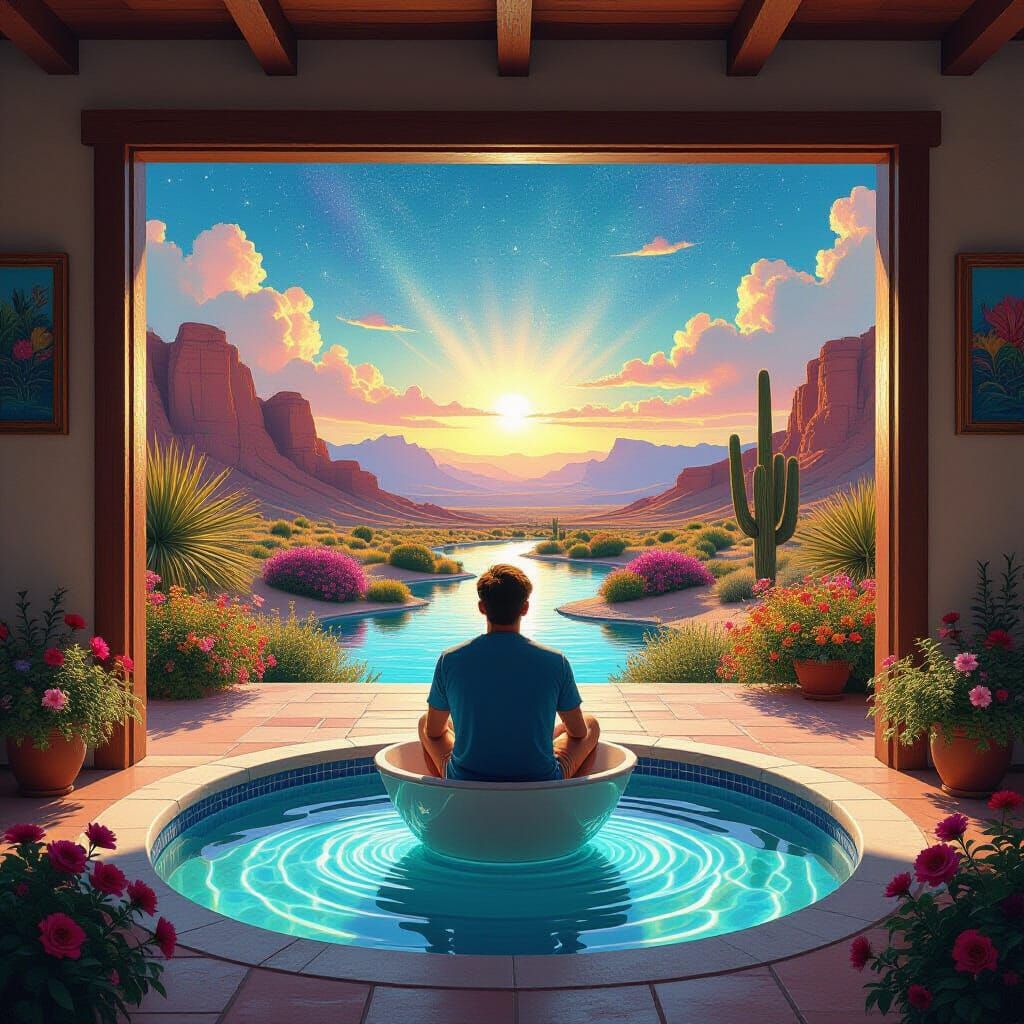 Cosmic Desert Home with Flying Saucer, Astral Illustration