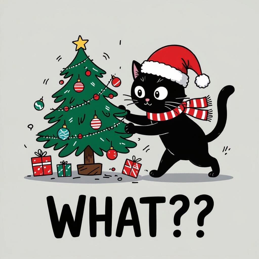 Funny Black Cat Knocks Over Christmas Tree Minimalist Cartoo...