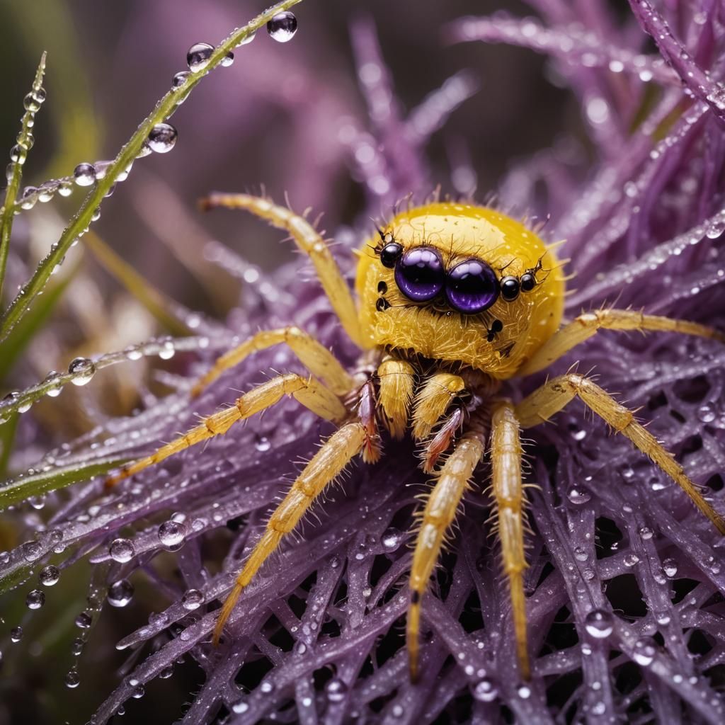 Adorable Yellow Spider Creature on Purple Petal