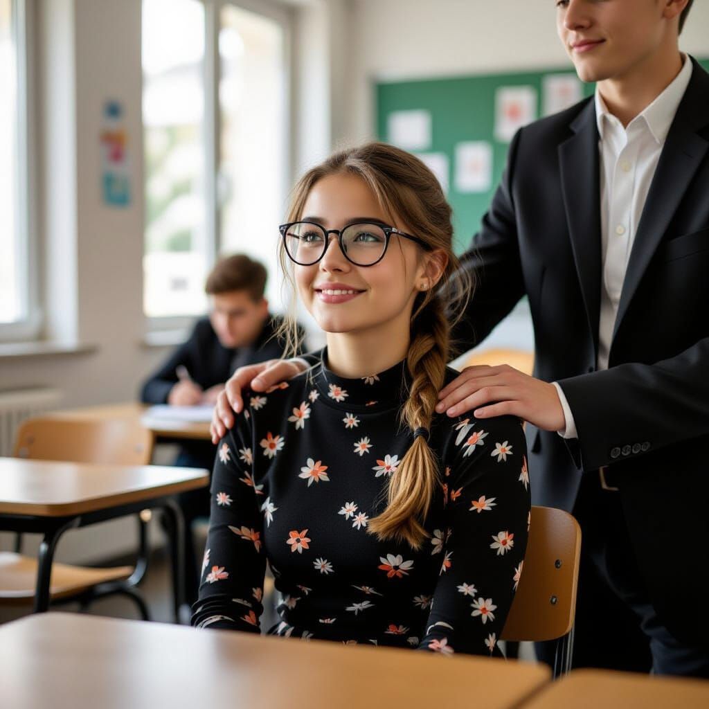 French Teenager in Classroom, Calm Expression