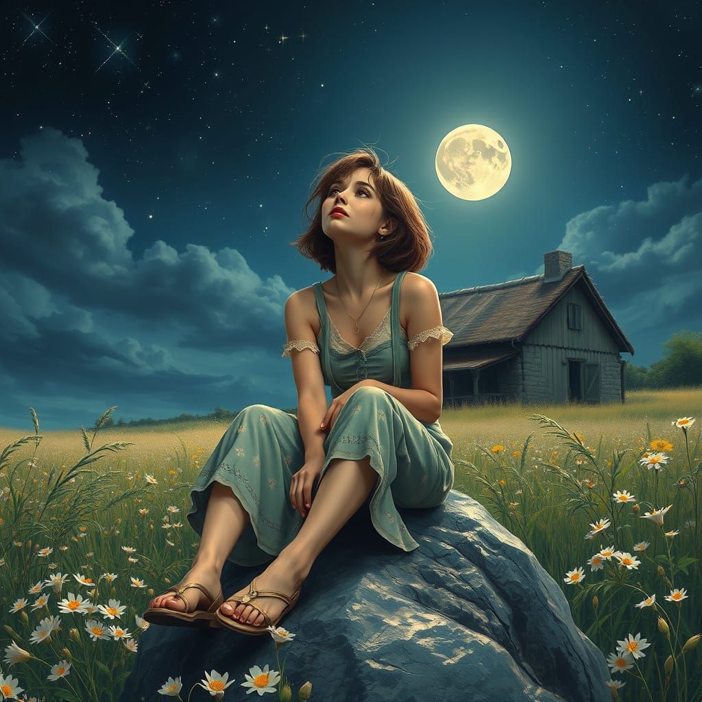 Woman Gazing at Stars: Oil Painting Portrait