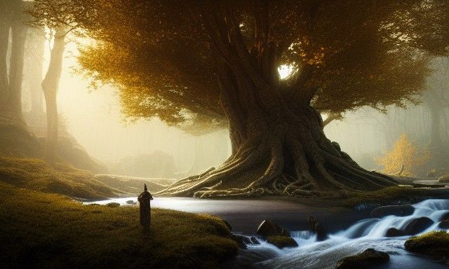 Tree of Life Landscape with Stream, Digital Art