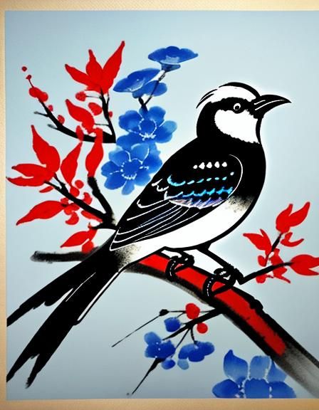 bird with blue flowers / Qi Baishi style