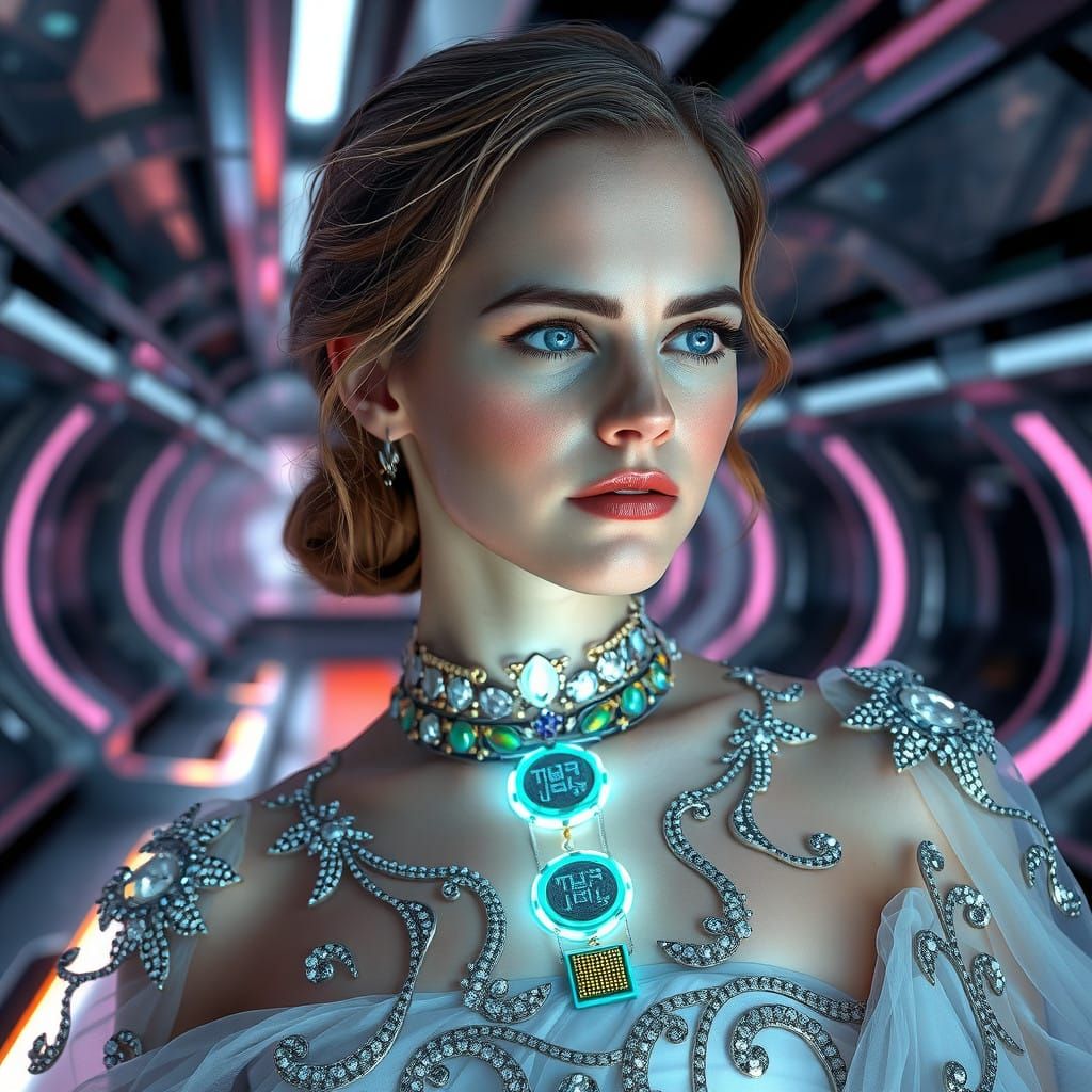 Emma Watson in Cyberpunk Attire with Futuristic Setting
