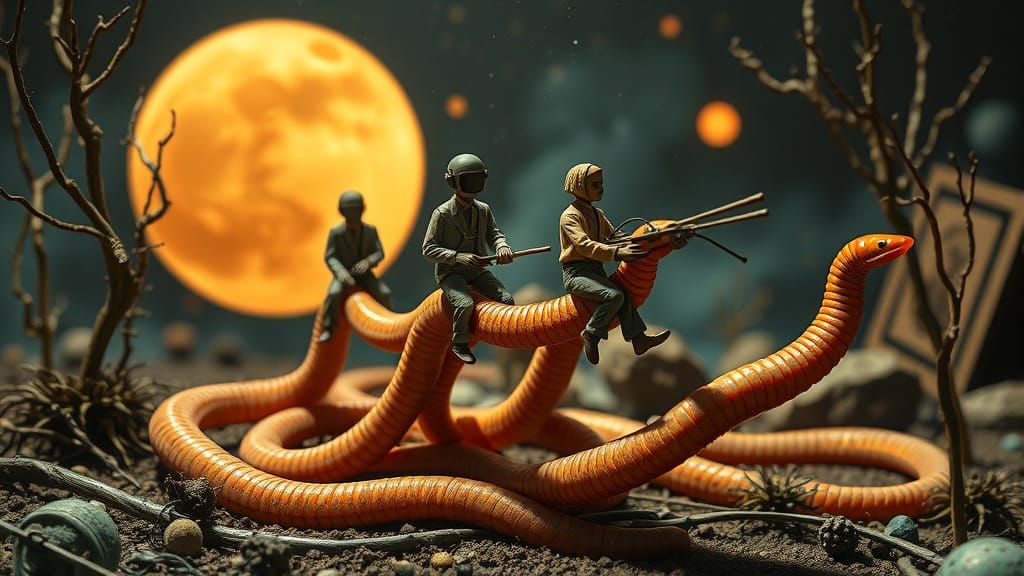 Miniature People Riding Earthworms in Surreal Art Style