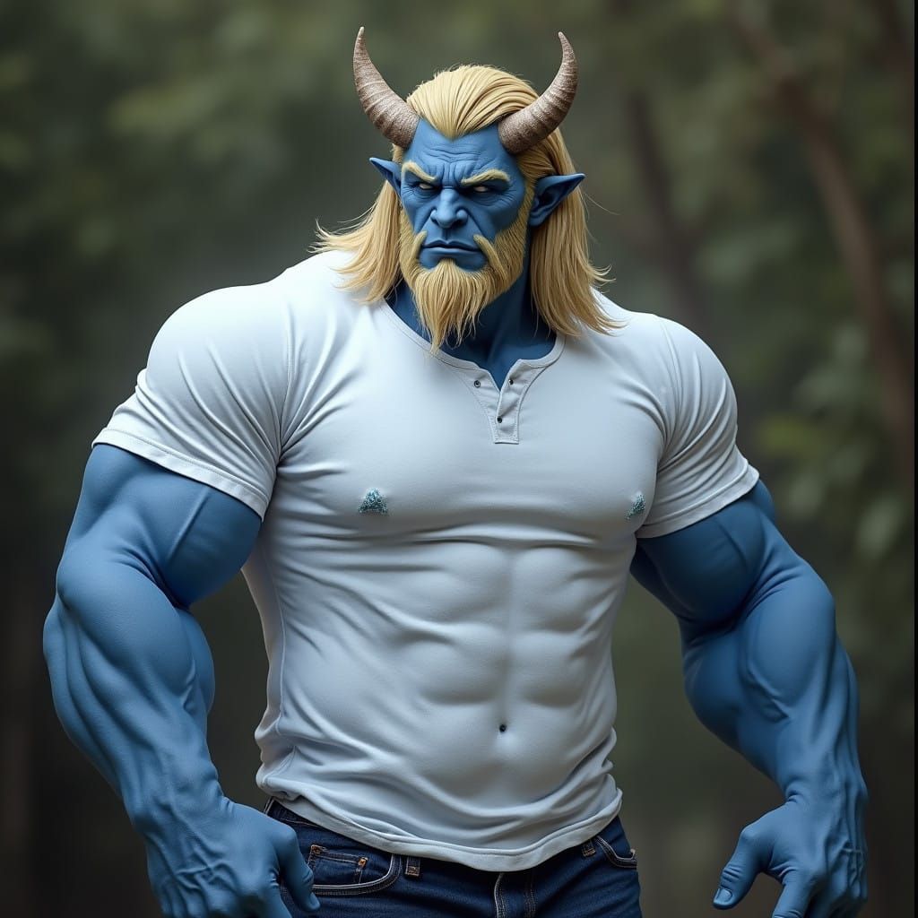 Chiseled Blue Skinned Warrior in Earthy Attire