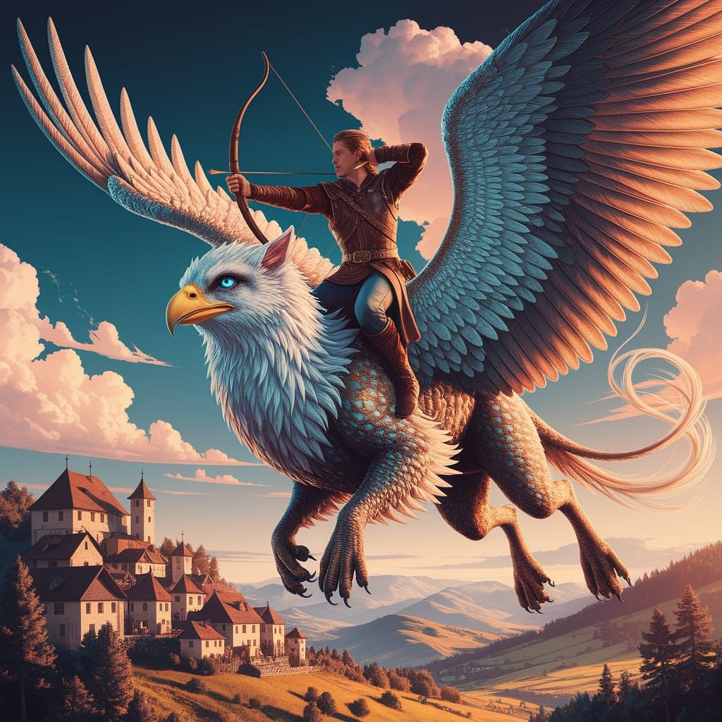 Griffin and Archer Soaring Over Medieval Village