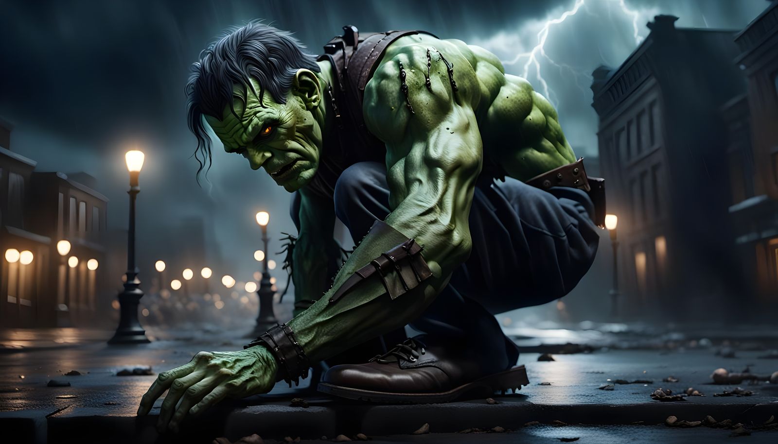 Frankenstein Monster Action Pose, Detailed Matte Painting