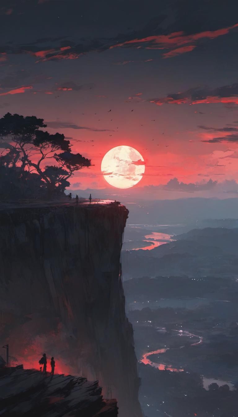 Blood Moon Landscape with Silhouetted Trees