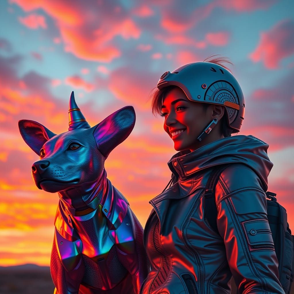 Android and Iridescent Alien Dog Sunset Encounter