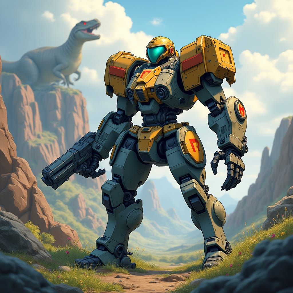 Mecha Pilot and Dinosaurs in Anime Style