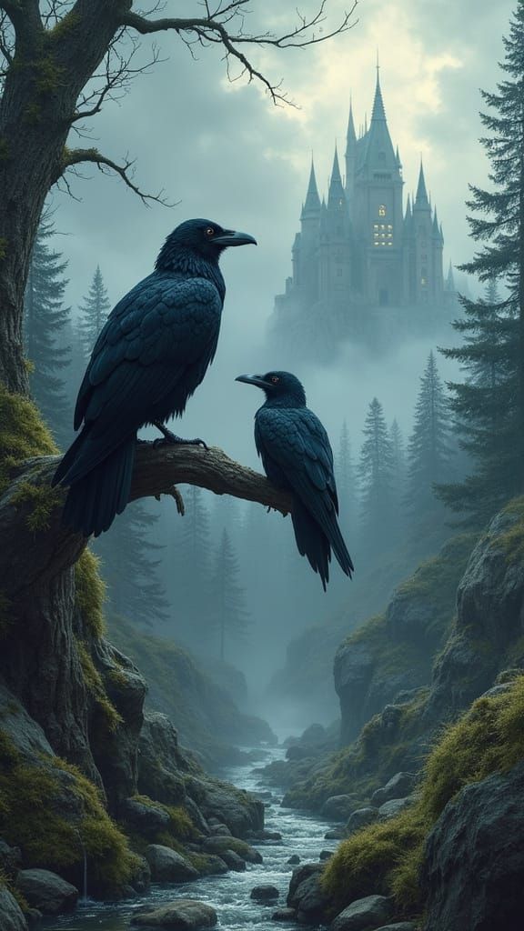 Odin's Ravens, Huginn and Muninn, in Norse Landscape