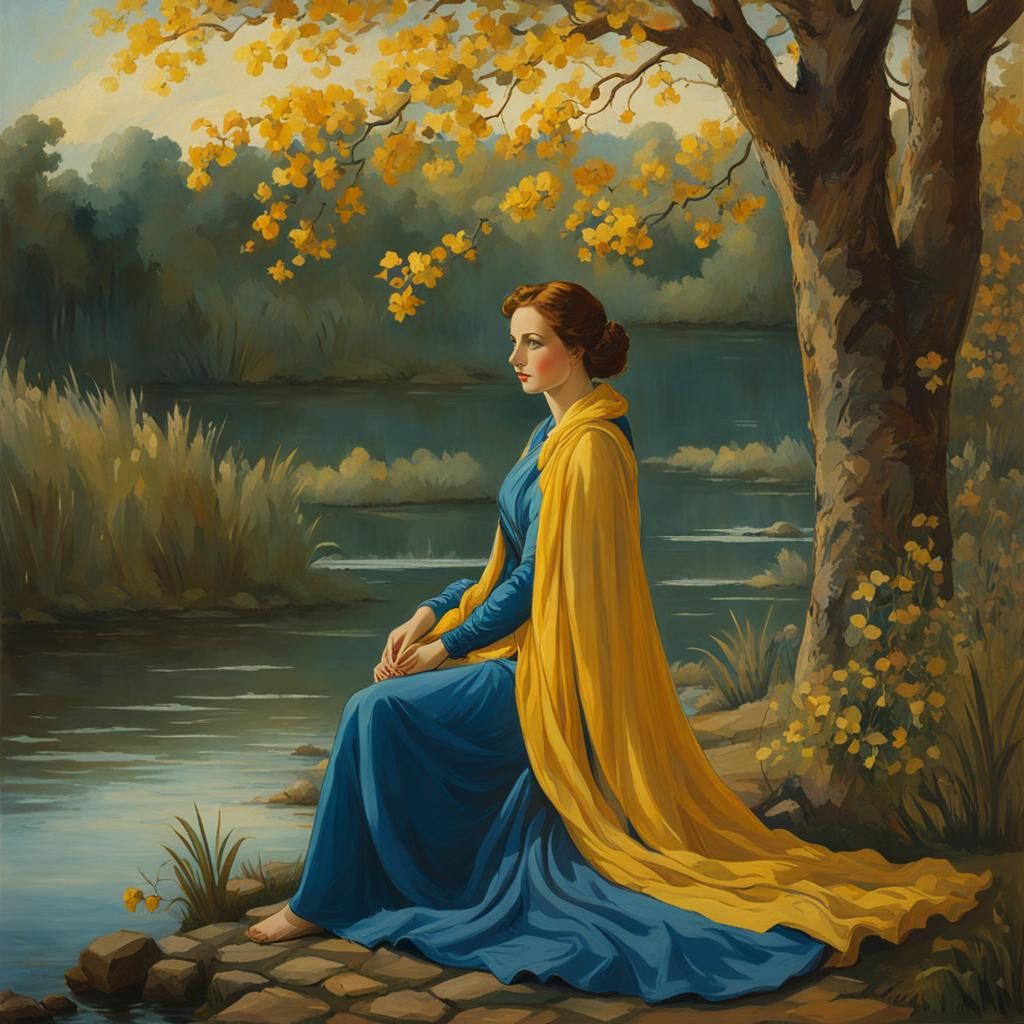 Woman at Riverbank in Tarot Card Style