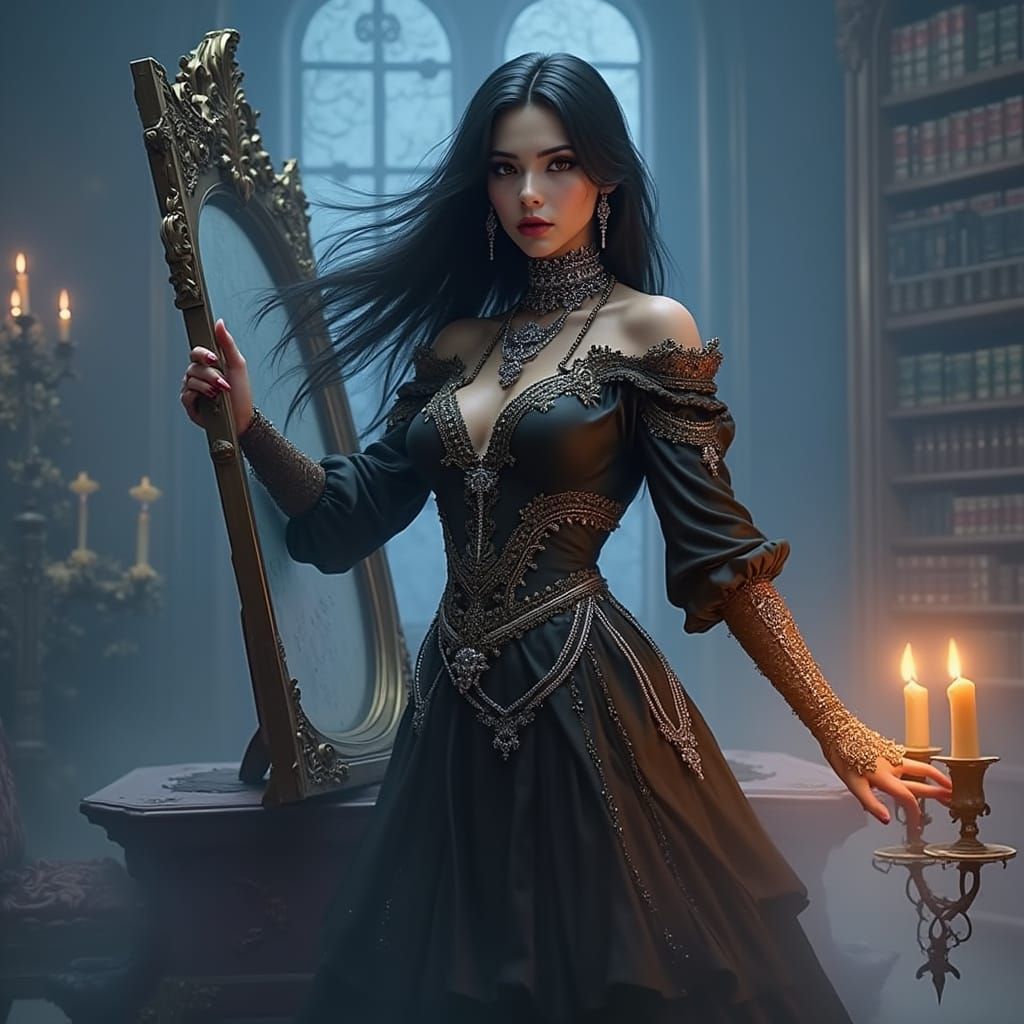 Gothic Woman in Victorian Library, Fantasy Concept Art