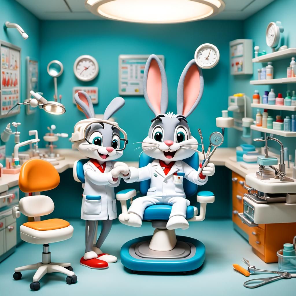 A whimsical chibi claymation scene depicts Bugs Bunny dressed as a dentist