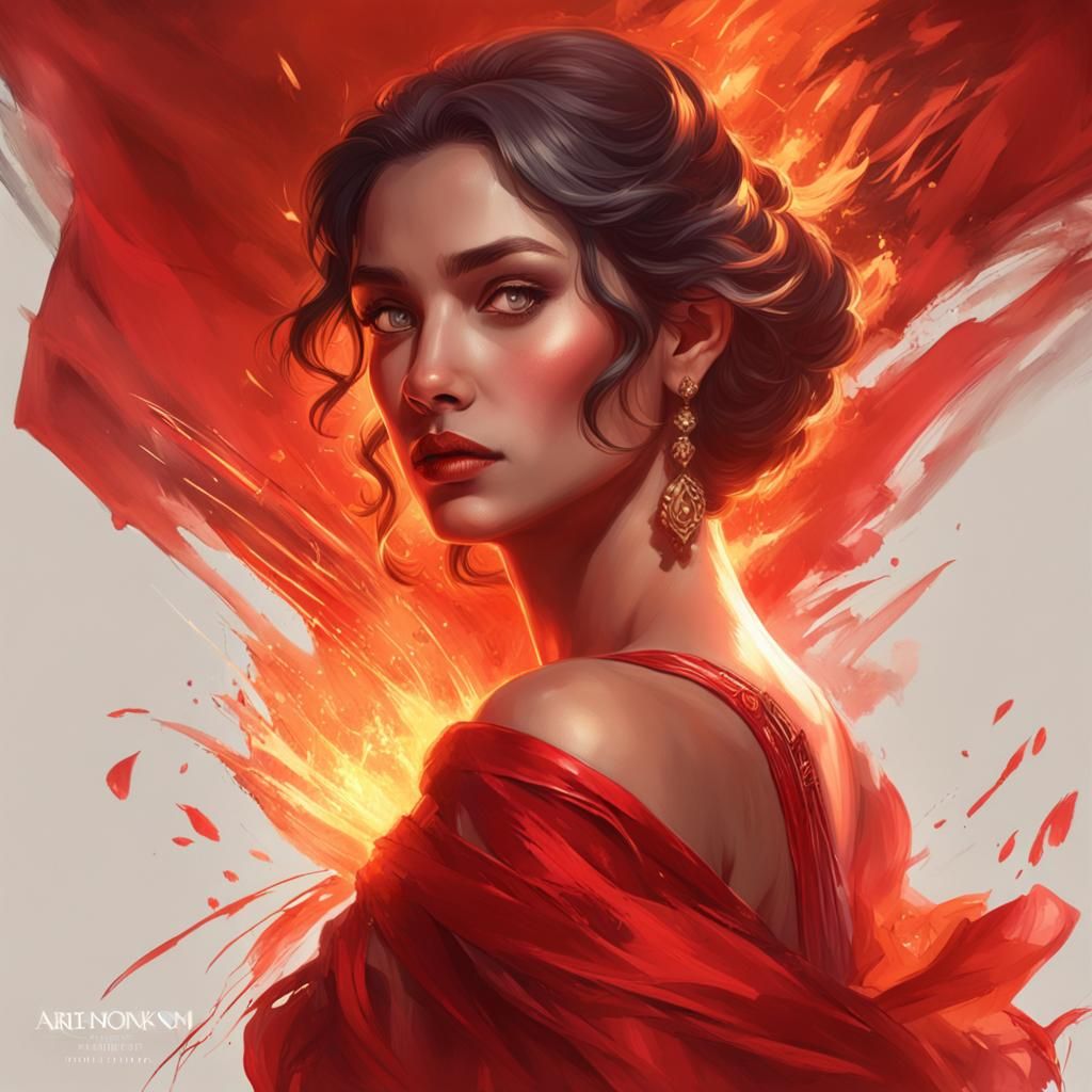 A stunning woman in a fiery red dress, casting a shy glance over her shoulder.