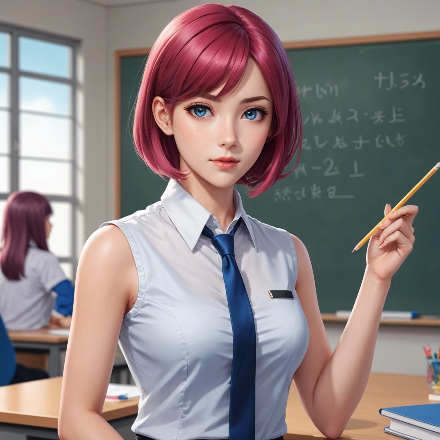 Gorgeous Anime Teacher in Classroom: Hyper Detailed Vector A...