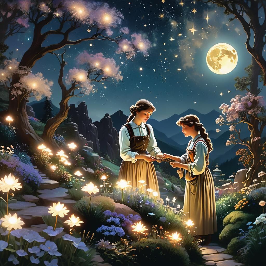 Moonlight Gardener Tending Stars in Dream Garden