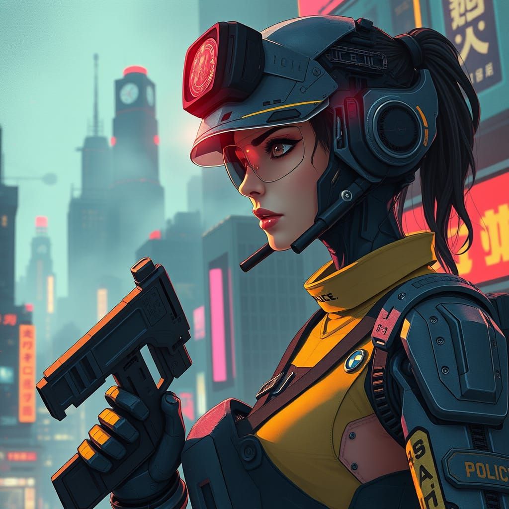 Cyborg Policewoman in Futuristic Cityscape