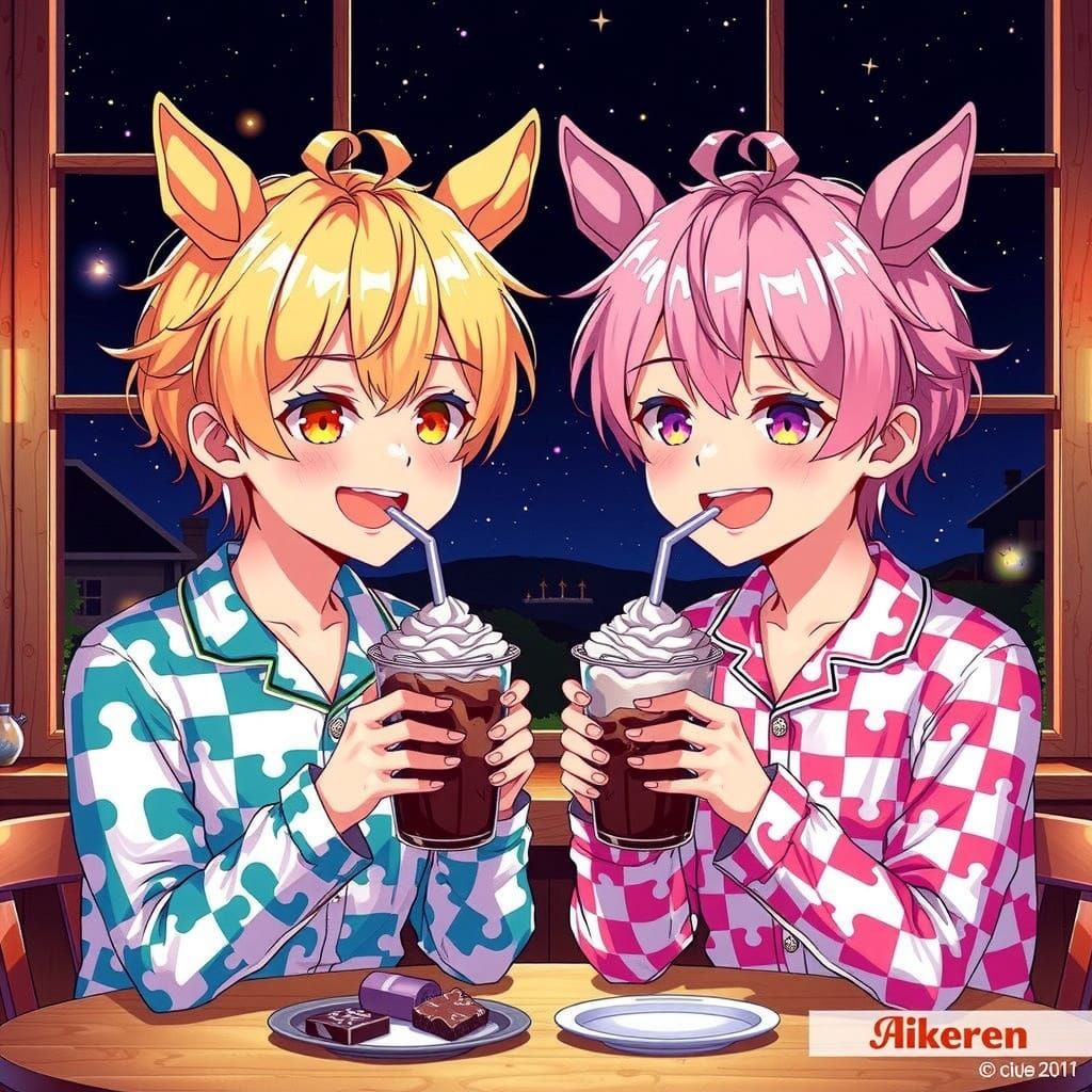 Anime Youths with Horse Ears in Vibrant Kitchen