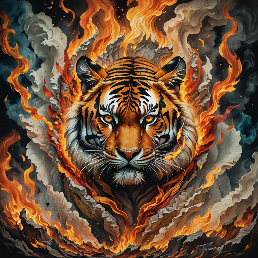 Tiger Emerges from Burning Reality in Surreal Art