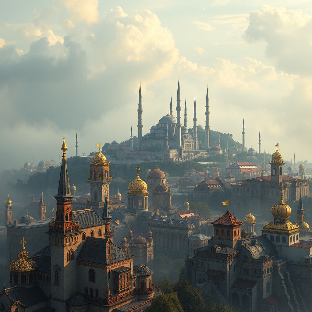 Dreamlike Cityscape on Mist-Shrouded Mountain