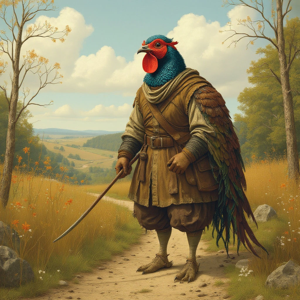 Pheasant Peasant in Medieval Folk Art Style