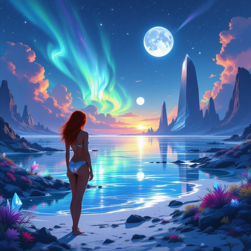 Alien Shore: Woman Gazes at Twin Moons and Auroras