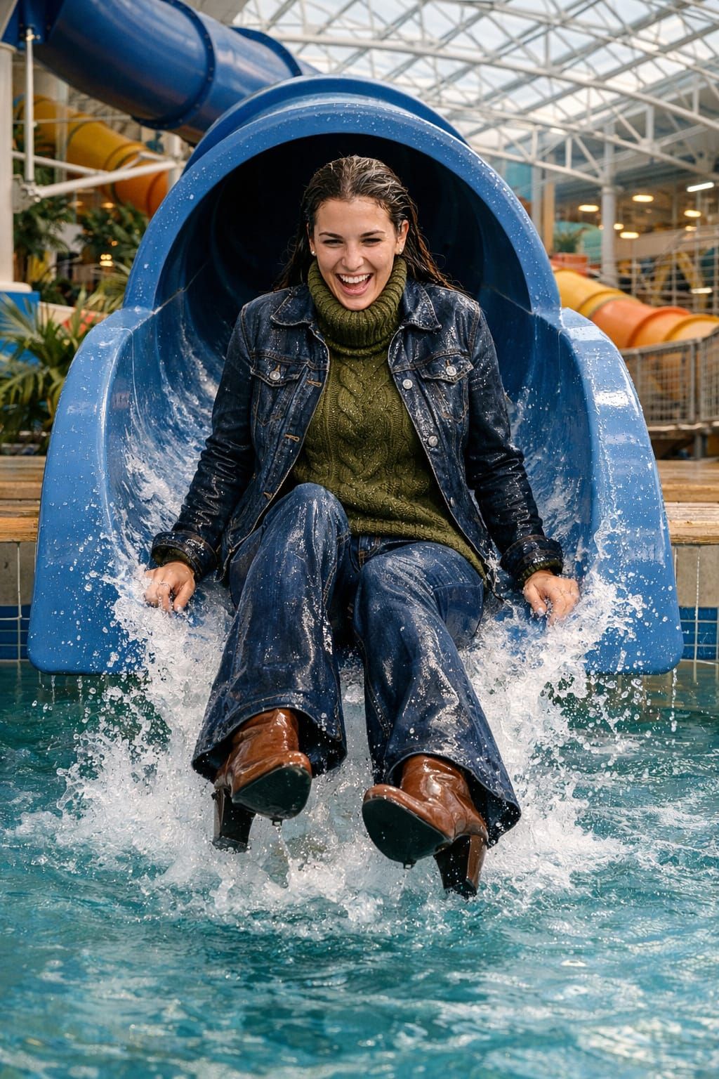 Woman Enjoys Water Slide at Indoor Park