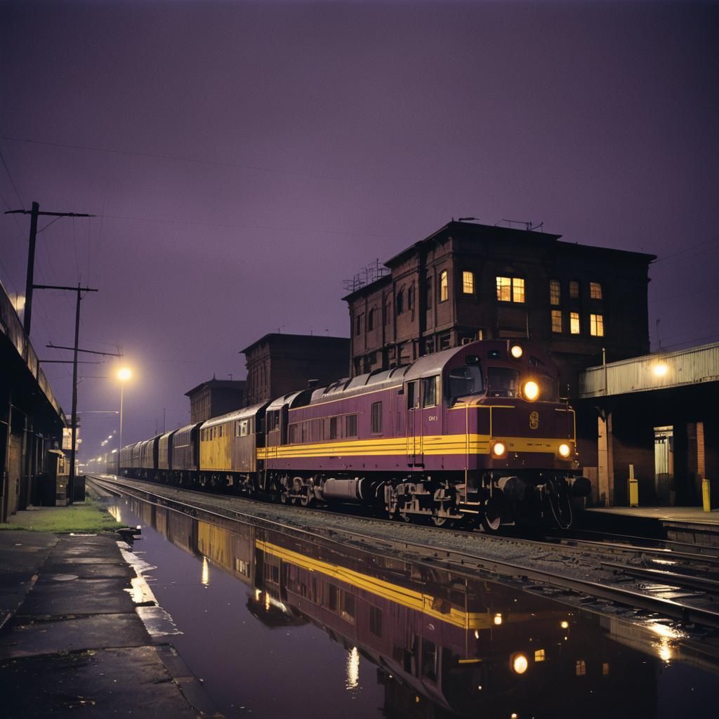 Diesel Locomotive at Central Station: Cinematic Nightscape