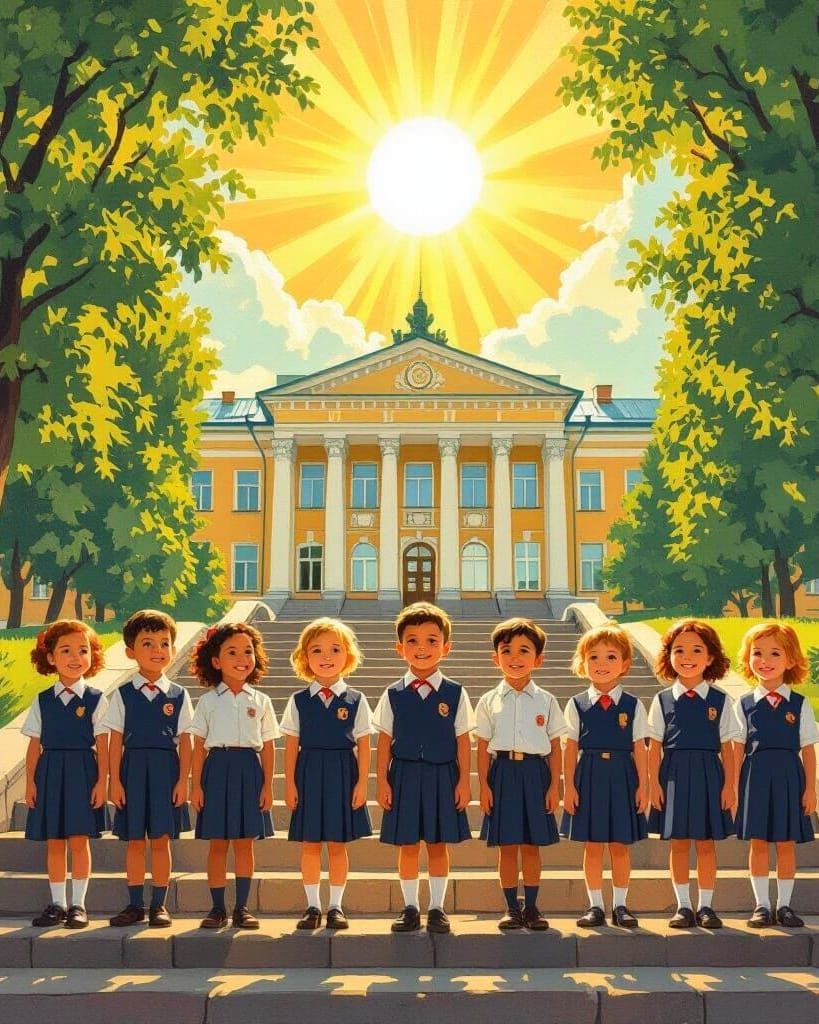 Children Smile on Russian School Stairs Under Sunny Sky