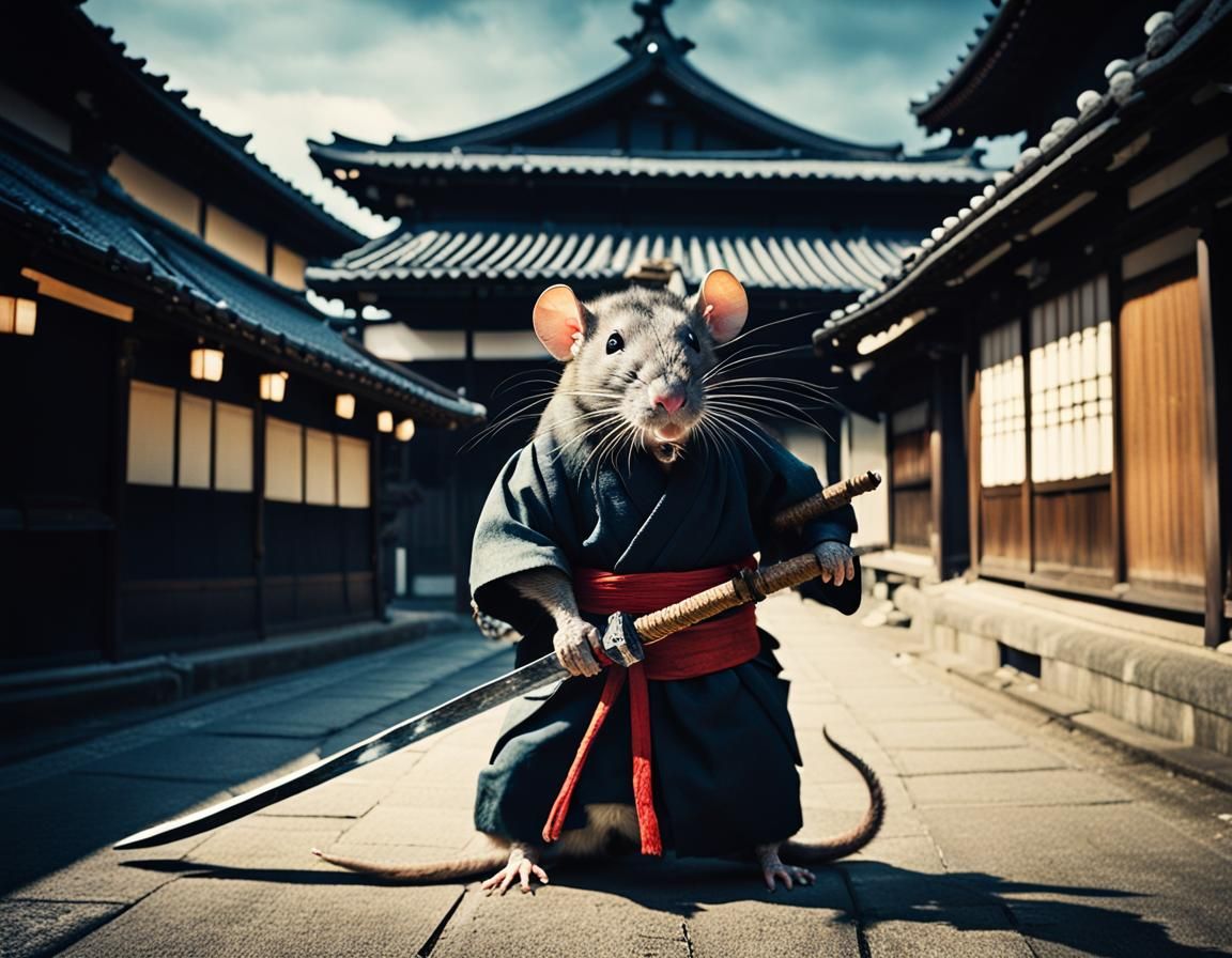 Samurai Confronts Rat in Ancient Village