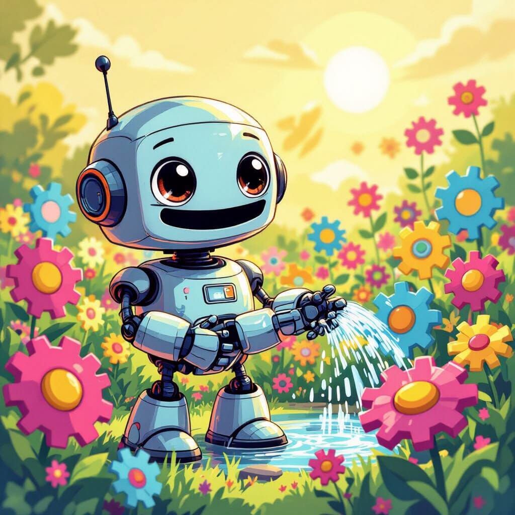 Cheerful Robot Waters a Gear Garden