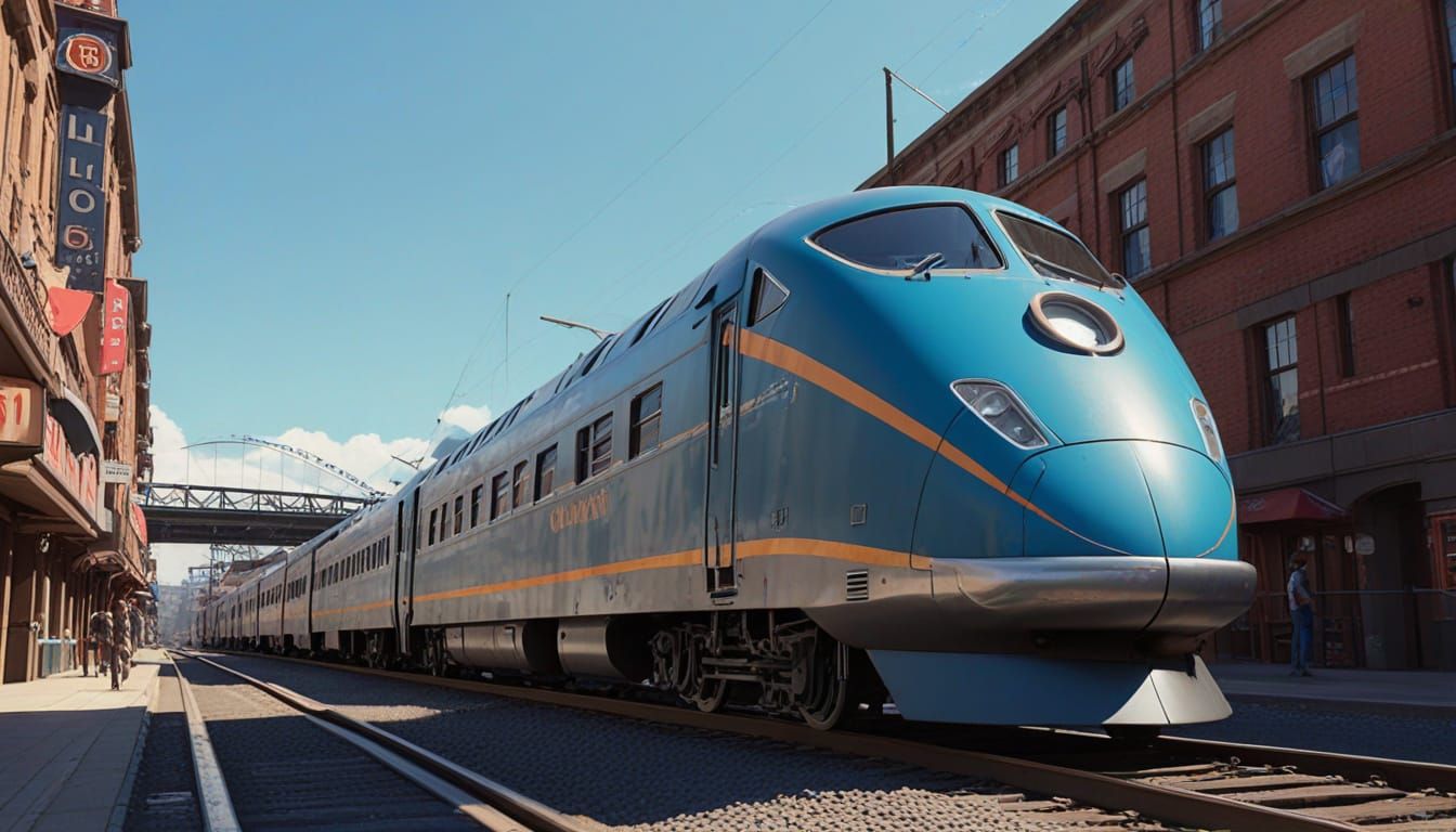 Dieselpunk Futuristic Train Chugs Across Sunlit Tracks
