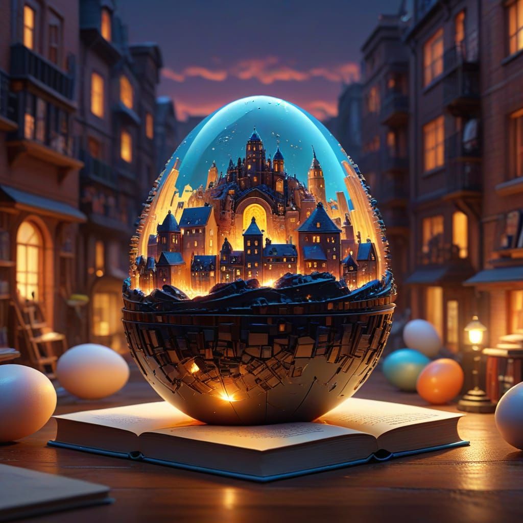 Surreal Miniature Cityscape on an Egg in Vibrant Sunset Colo...