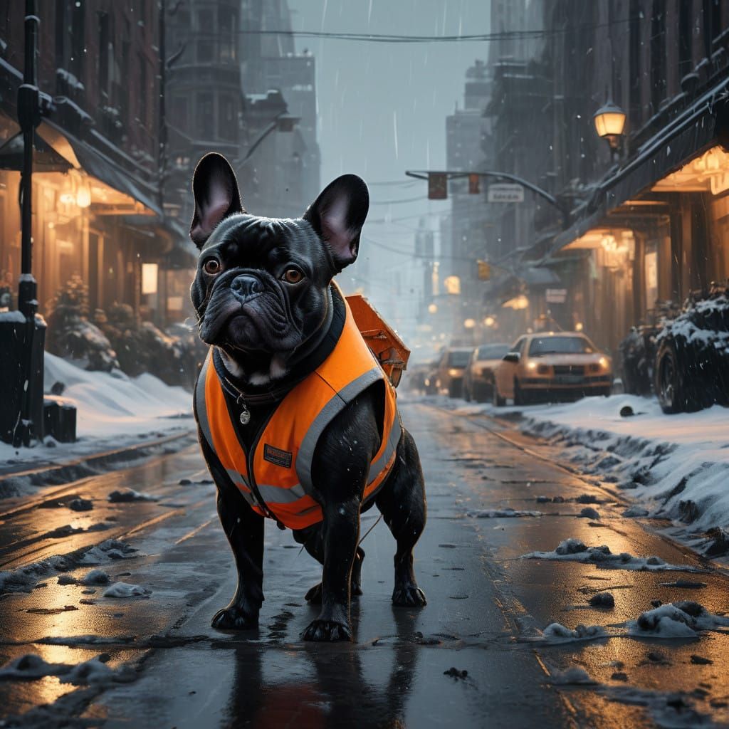 Serious French Bulldog Clears Snow in Futuristic City