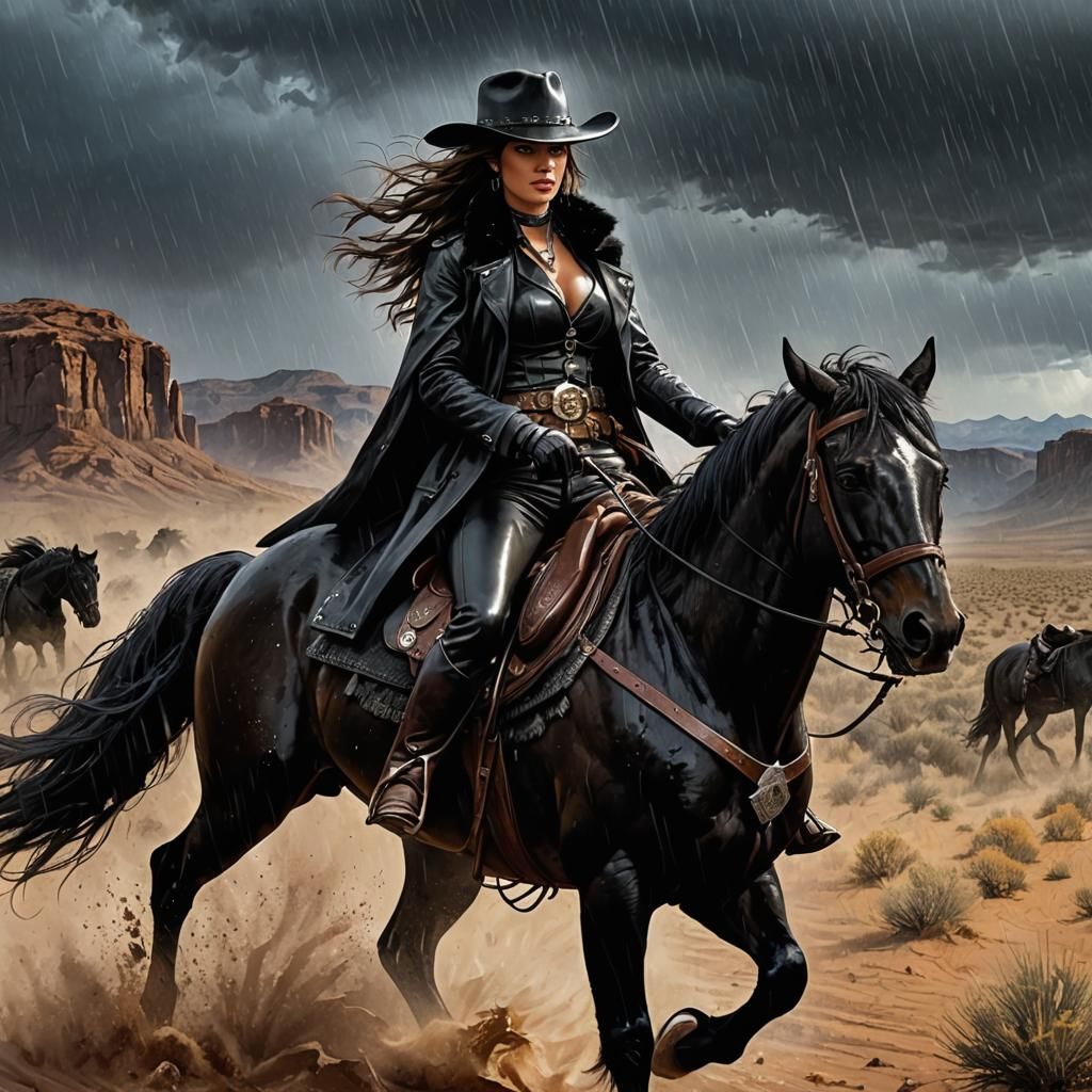 Western Outlaw on Stallion in Pouring Rain