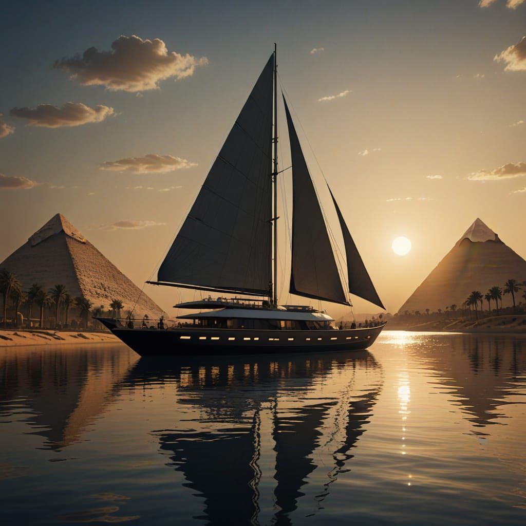 A futuristic, sleek yacht zooms along the River Nile at night.