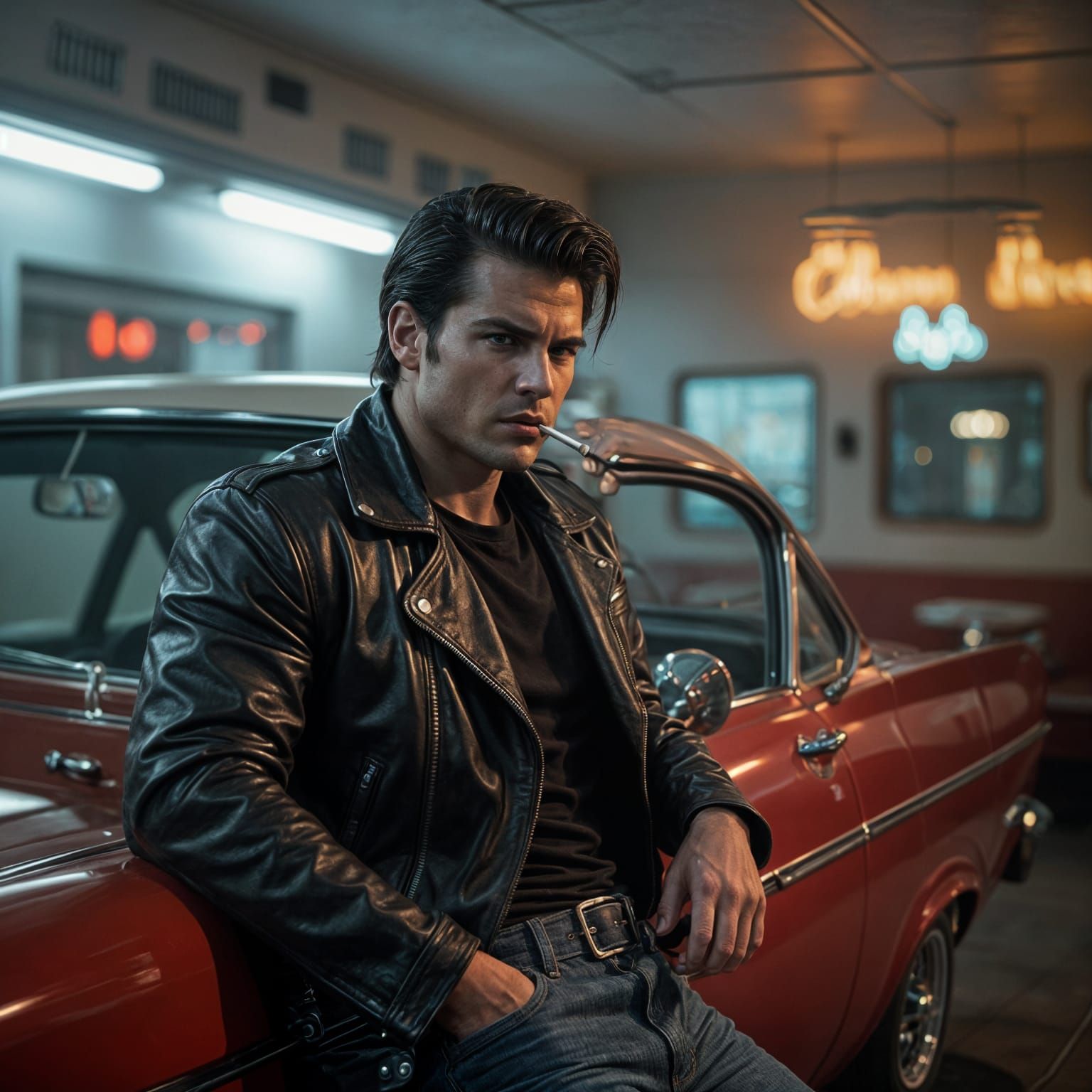 Greaser Smoking by Classic Car in Cinematic Style