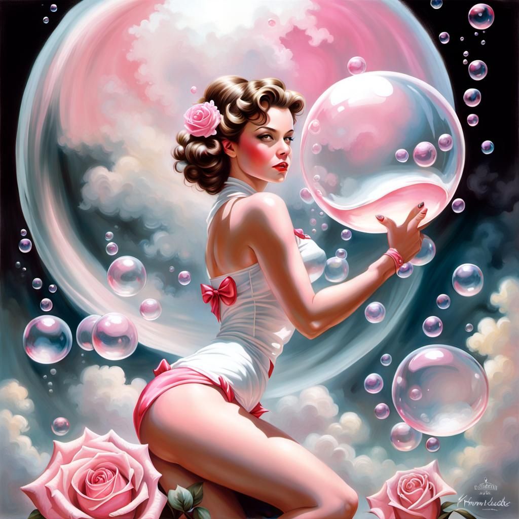 Woman pink bubbles and roses