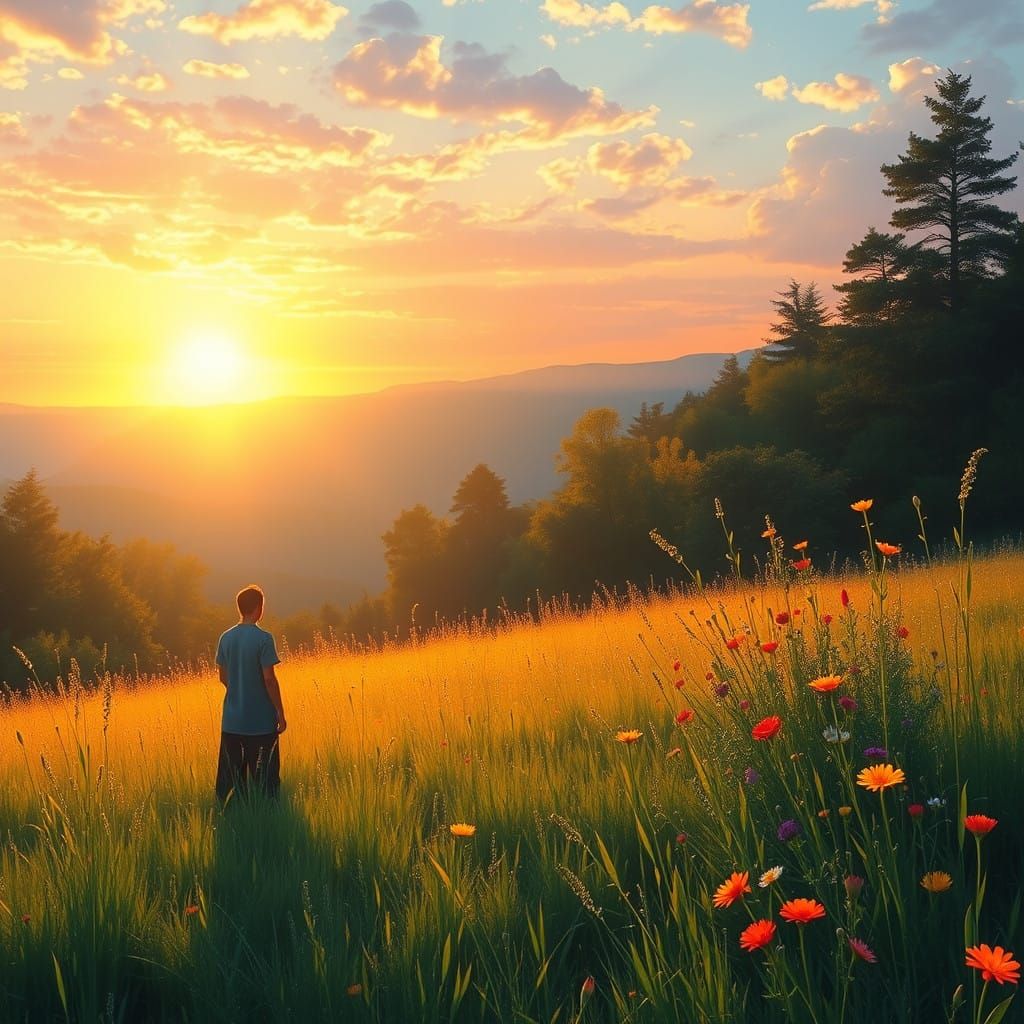 Golden Sunrise in a Serene Meadow Landscape