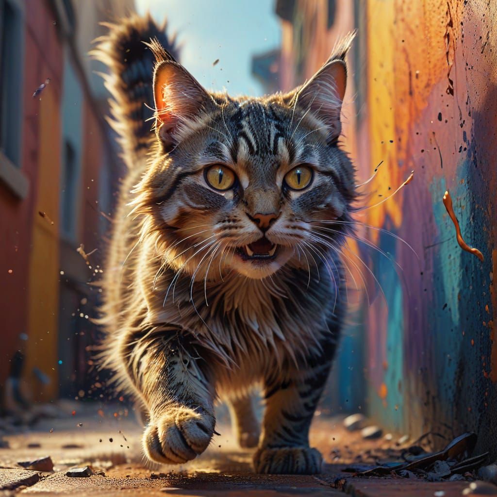 Hyperrealistic Cat Chasing Mouse in Splash Art Style