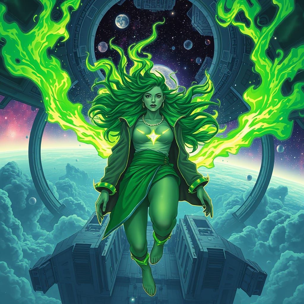 Woman with Cosmic Green Hair in Space Station Amidst Green F...
