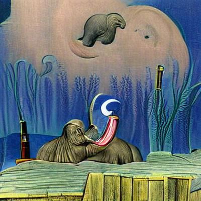 Elephant Tickling Walrus Under Moonlight