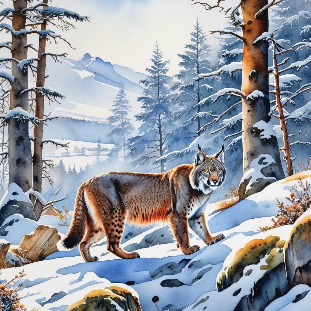 Lynx in natural habitat, watercolour
