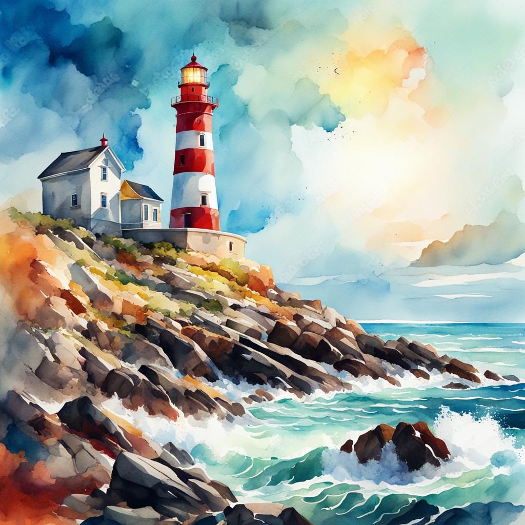 Lighthouse on Rocky Shore in Digital Watercolor