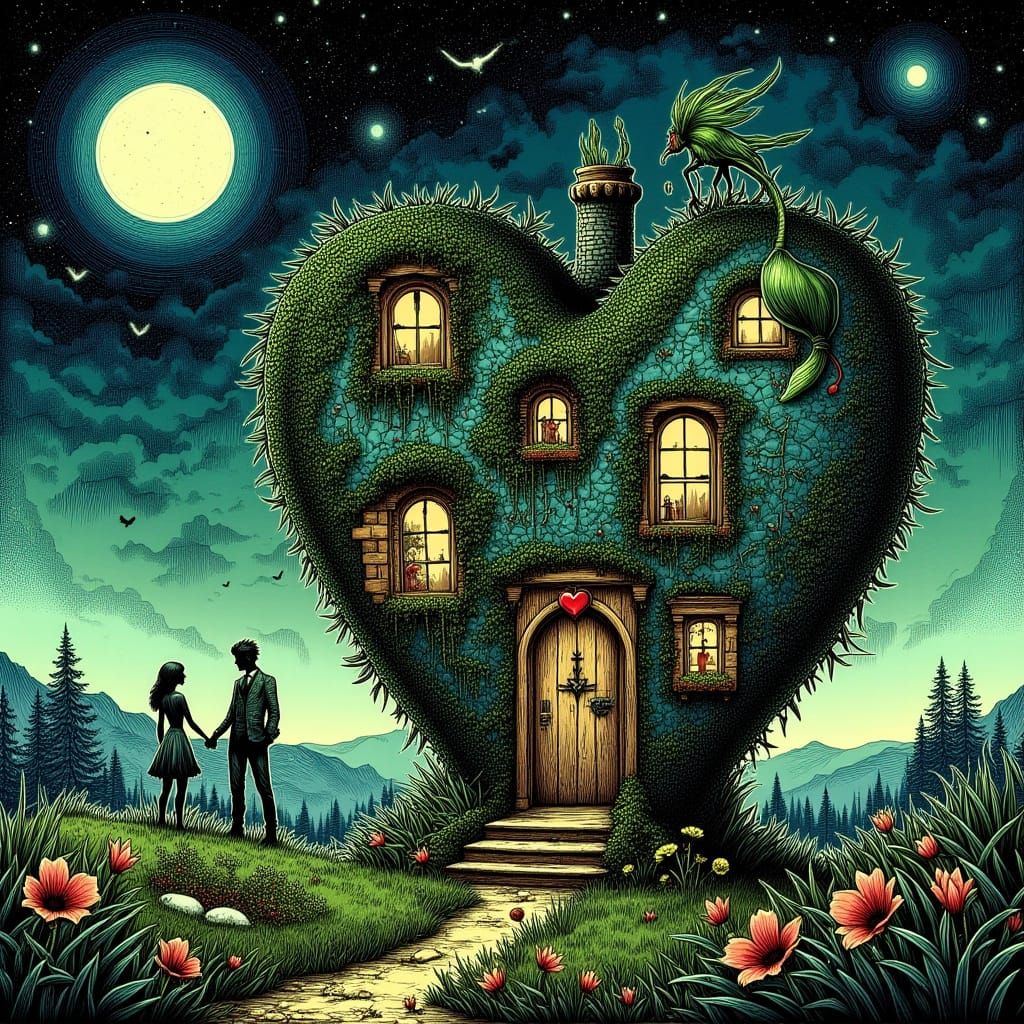 Surreal Heart-House Dreamscape in Mixed Media Style